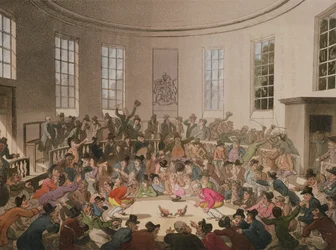 Królewska arena walk kogutów, 1808, rytował John Bluck (czynny 1791-1819)